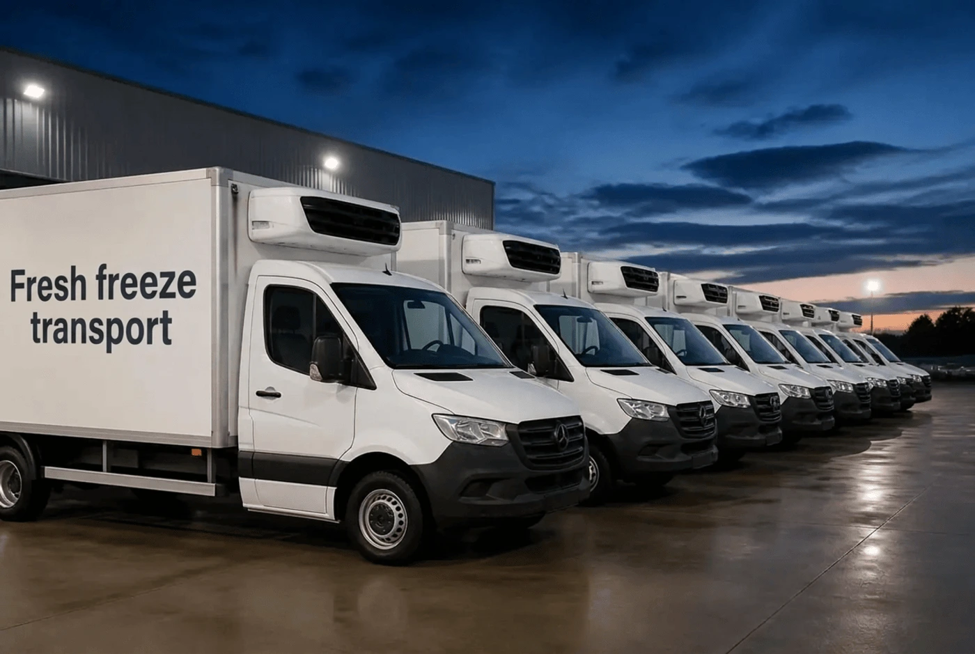 FreshFreeze refrigerated chiller van fleet at a UAE depot Row of white FreshFreeze refrigerated chiller vans parked at a UAE logistics depot ready for same-day dispatch