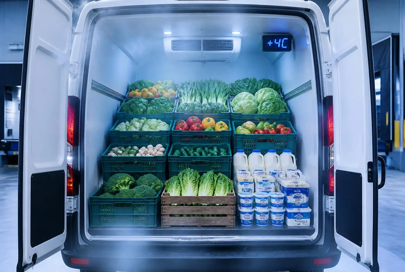 Chiller van delivery of fresh produce and dairy at +2°C to +8°C in the UAE Chiller van in the UAE loaded with crates of fresh vegetables, fruit and dairy held at +4°C