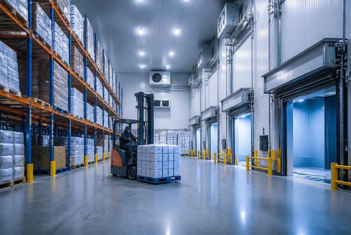 UAE cold storage warehouse and cross-docking facility Cold storage warehouse in the UAE with racked frozen pallets, refrigerated loading docks and a forklift operator