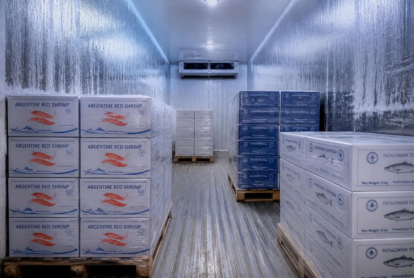Freezer truck frozen cargo transport at -18°C to -25°C in the UAE Frost-lined freezer truck cargo hold in the UAE stacked with pallets of frozen seafood cartons at -18°C