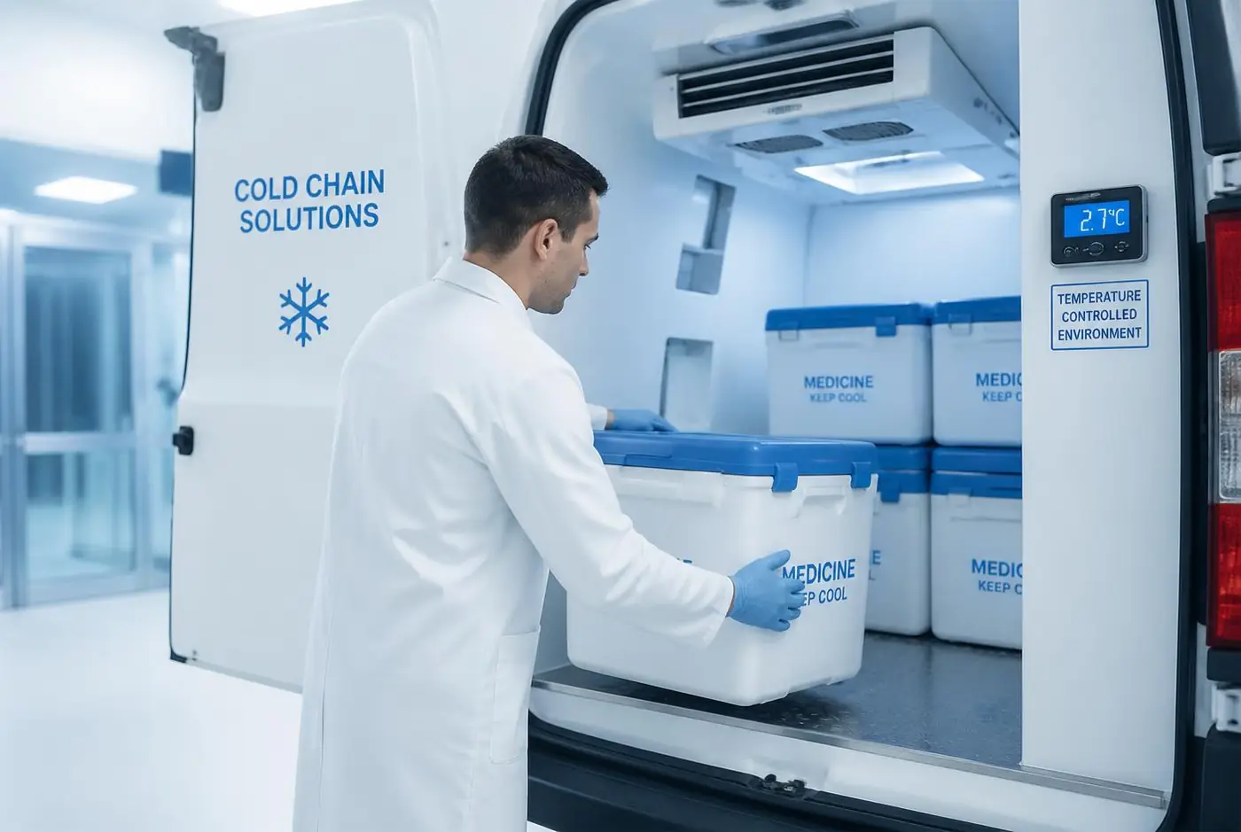 Pharmaceutical cold chain transport in validated +2°C to +8°C vehicles, UAE Technician loading validated medicine cool boxes into a GDP-compliant pharmaceutical cold chain van in the UAE