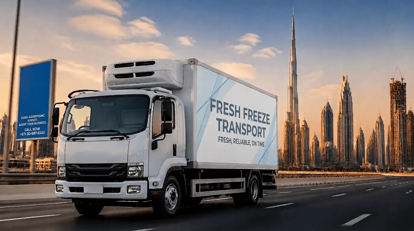 Refrigerated truck transport in Dubai, UAE — FreshFreeze Transport FreshFreeze refrigerated truck driving on Sheikh Zayed Road in Dubai, UAE, carrying temperature-controlled cargo