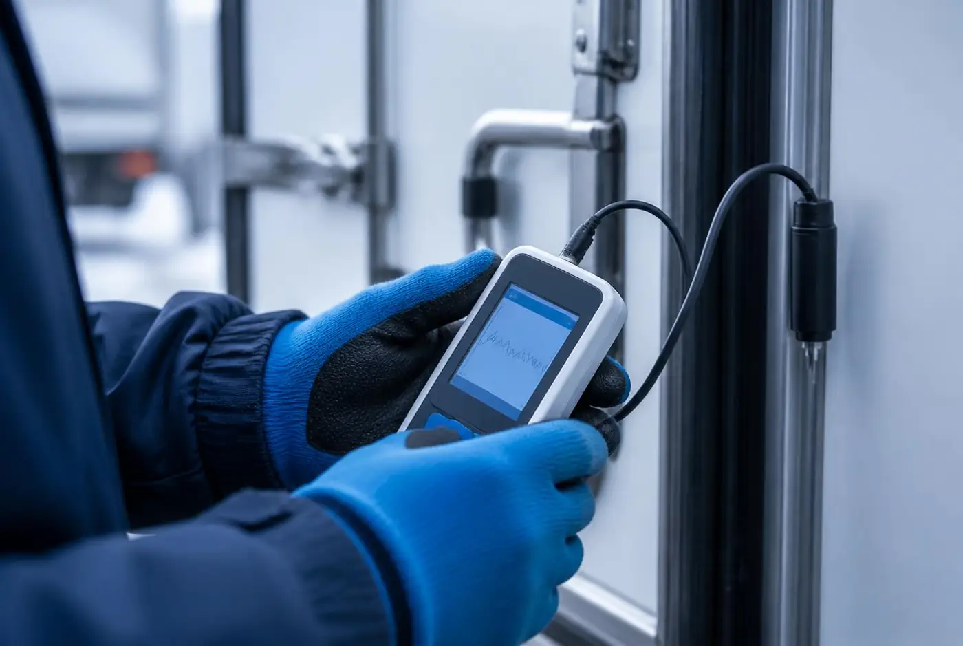 Temperature monitoring data logger for HACCP and GDP cold chain compliance Gloved driver checking a digital temperature data logger at the door of a refrigerated truck for HACCP records